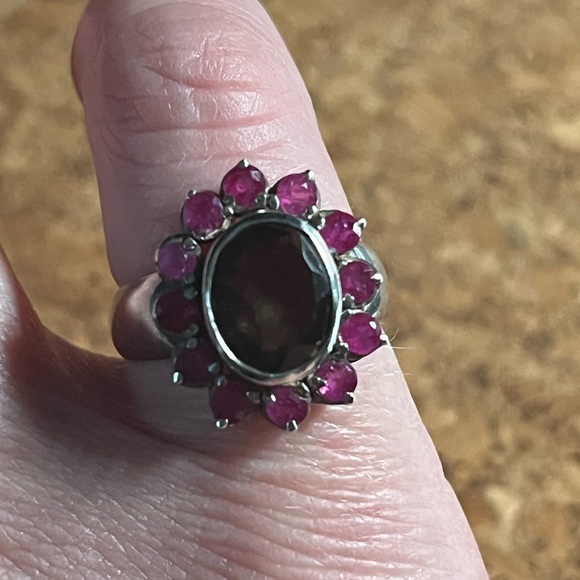 Ruby and Smokey Quartz and Sterling Silver Cocktail Ring - Picture 2 of 5